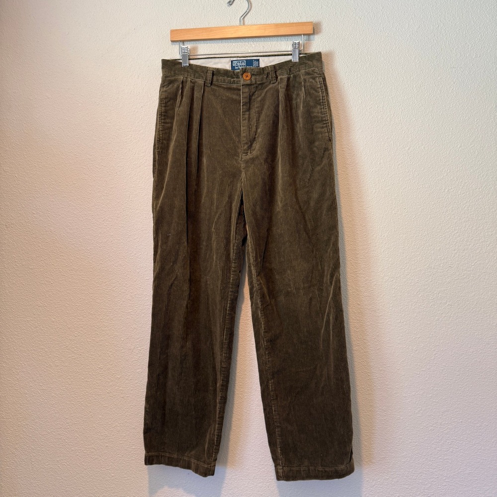 Polo Ralph Lauren Andrew Pant Mens 37x30 Olive Green Pleated Corduroy Trousers